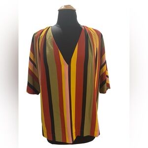 Madison Plus Size Orange/Yellow/Green Striped V-Neck Women's Blouse-size XL